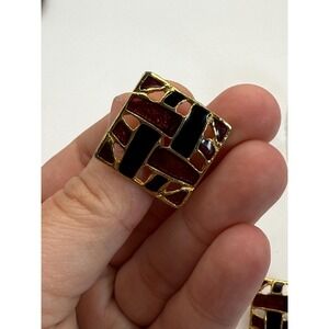 Vintage Square Mosaic Stud Earrings Gold Tone – Retro Statement Jewelry